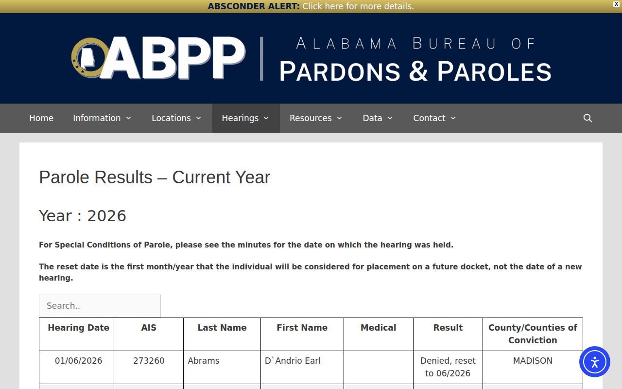 Alabama parole results for released inmate verification