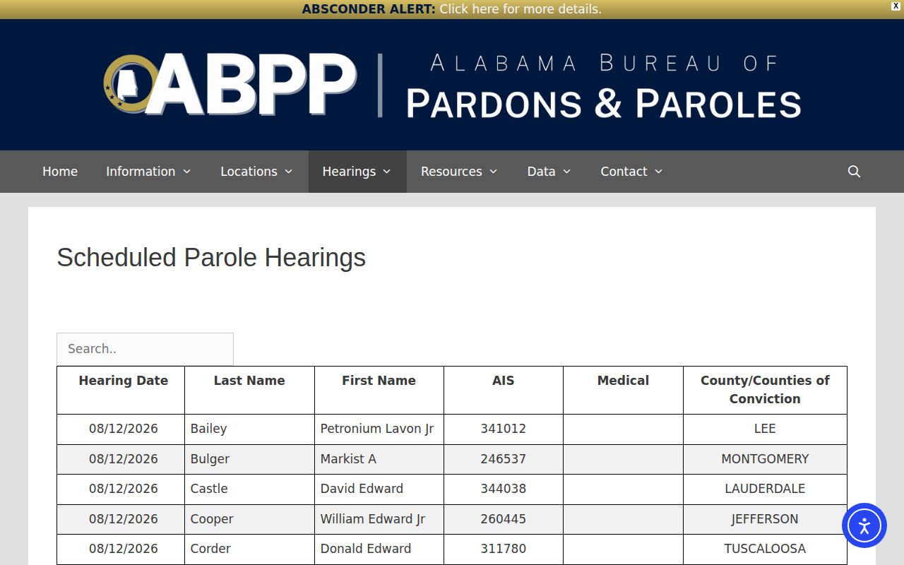 Alabama scheduled parole hearings related to inmate release
