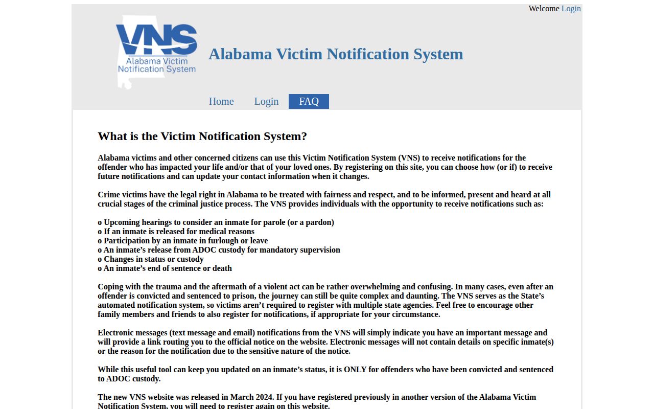 Alabama VNS registration for inmate release notifications